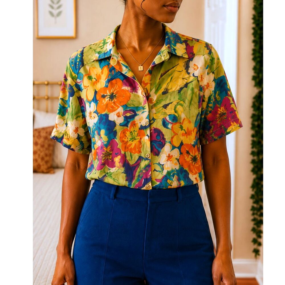 Delores Bell Womens Size M Floral Rayon Button Up Blouse Retro Resort Maximalist